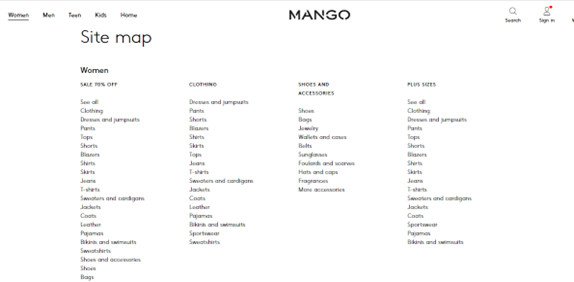 Ảnh chụp màn hình sơ đồ trang web HTML của thương hiệu Mango