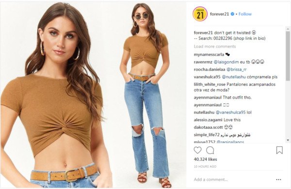 Bài đăng trang phục của Forever 21 trên Instagram với 40.000 lượt thích, cho thấy CTA hiệu quả thông qua hình ảnh có người mẫu.