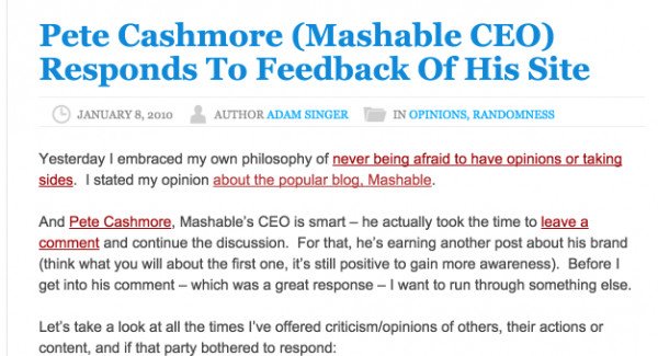 Bài viết của Adam Singer thể hiện quan điểm cá nhân về trang Mashable gây tranh cãi