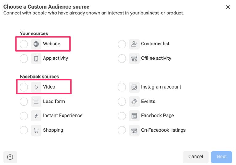 Các tùy chọn tạo đối tượng tùy chỉnh trên Facebook để tái tiếp thị khách hàng tiềm năng