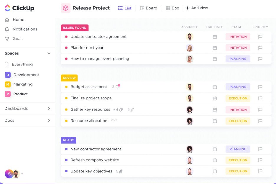 Giao diện ClickUp hiển thị các nhiệm vụ nội dung