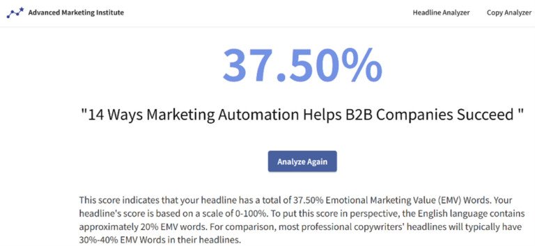 Giao diện công cụ Advanced Marketing Institute Headline Analyzer hiển thị điểm EMV của tiêu đề