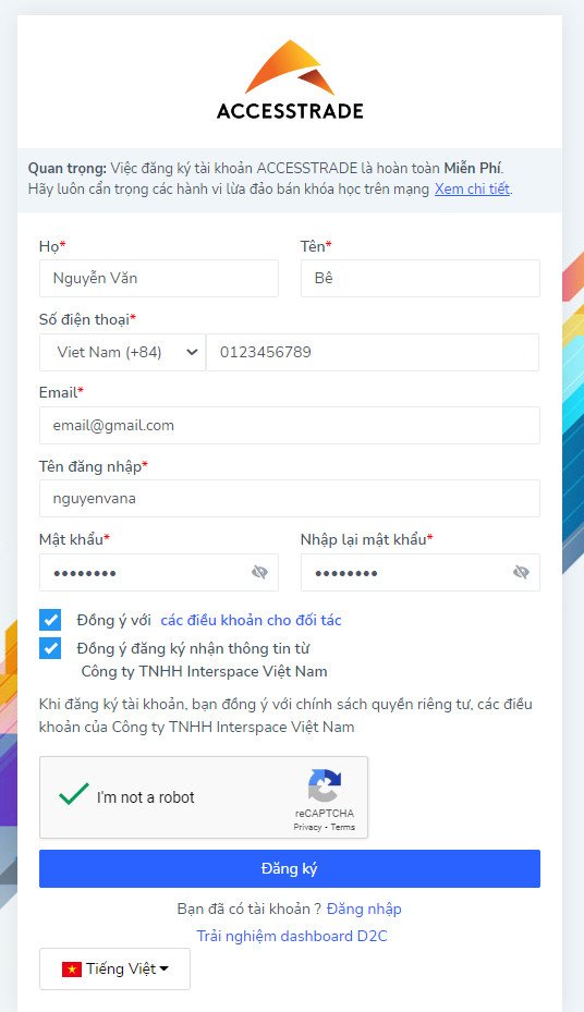 Giao diện đăng ký tài khoản cho đối tác liên kết để trở thành Publisher