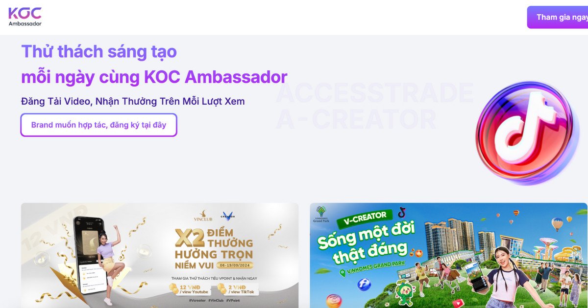 Giao diện Landing Page chương trình KOC Ambassador