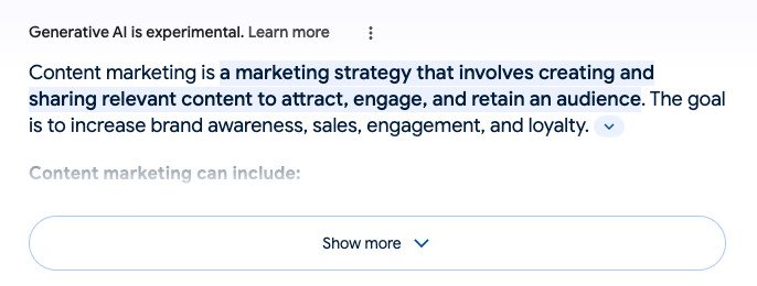 Giao diện SGE hiển thị kết quả tìm kiếm thu gọn về content marketing