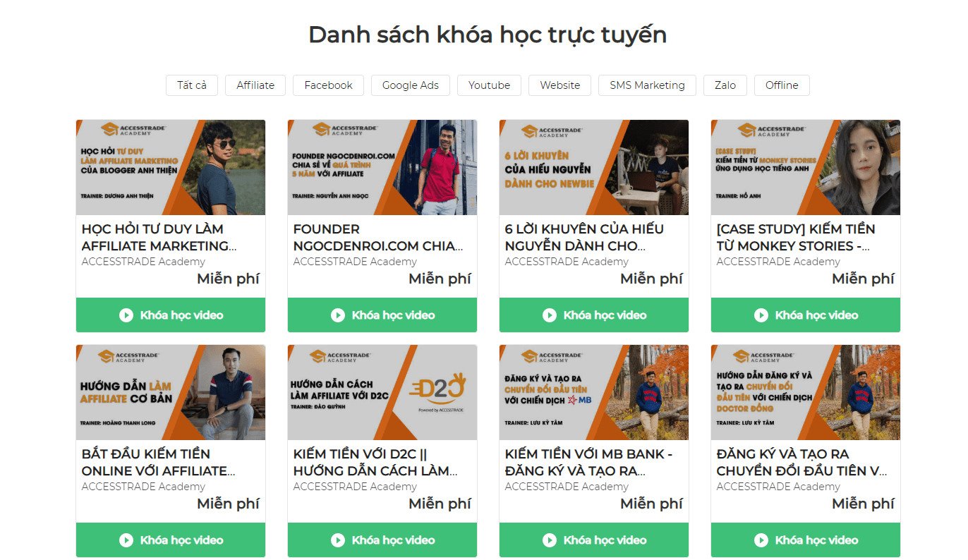Hình ảnh: Các khóa học trực tuyến đa dạng về Digital Marketing tại ACCESSTRADE Academy