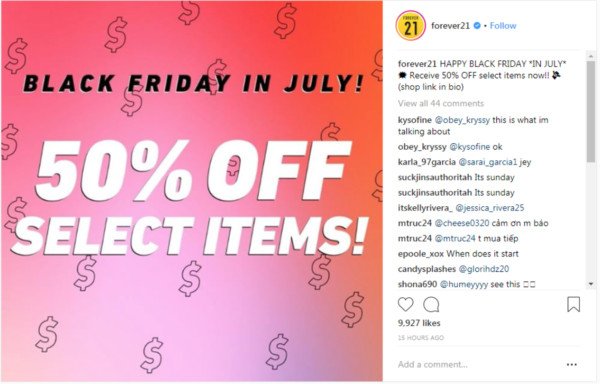 Hình ảnh quảng cáo giảm giá của Forever 21 trên Instagram với lượt tương tác thấp, so sánh với hiệu quả của hình ảnh nghệ thuật hơn.