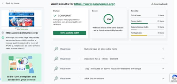 Kết quả kiểm tra khả năng tiếp cận trang web Paralympics bằng Accessibility Checker