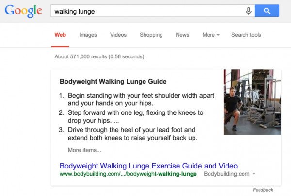 Kết quả tìm kiếm Google cho thuật ngữ "walking lunges" trong lĩnh vực thể hình