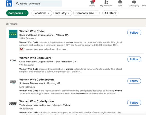 Kết quả tìm kiếm trang Showcase của Women Who Code trên LinkedIn