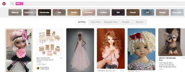 Kết quả tìm kiếm trên Pinterest hiển thị các chủ đề từ khóa ngữ nghĩa liên quan đến búp bê