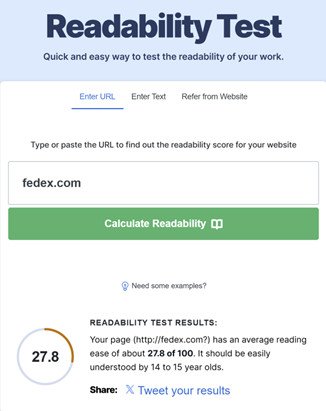 Màn hình kết quả Readability Test của Fedex.com, đánh giá độ dễ đọc của content