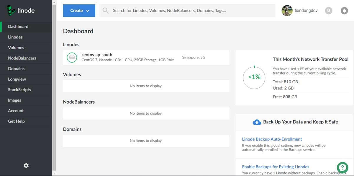 Màn hình quản lý máy chủ ảo VPS của Linode, một nhà cung cấp uy tín