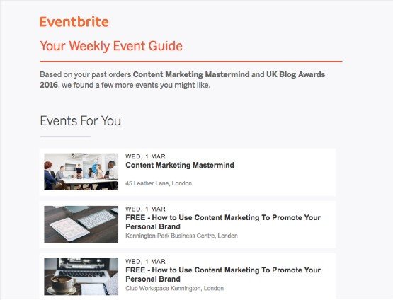 Mẫu bản tin email marketing cá nhân hóa của Eventbrite hiển thị các sự kiện dựa trên sở thích.