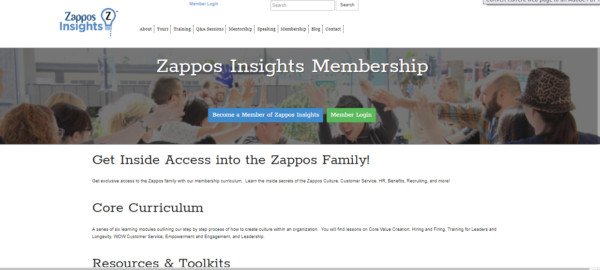 Minh họa cổng thông tin Zappos Insights Membership với các lựa chọn khóa học và tài nguyên