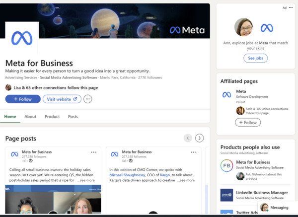 Trang trưng bày Meta for Business trên LinkedIn