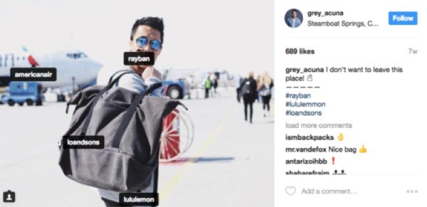 Bài đăng của influencer Grey Acuna giới thiệu túi xách Lo &amp; Sons và trang phục Lululemon