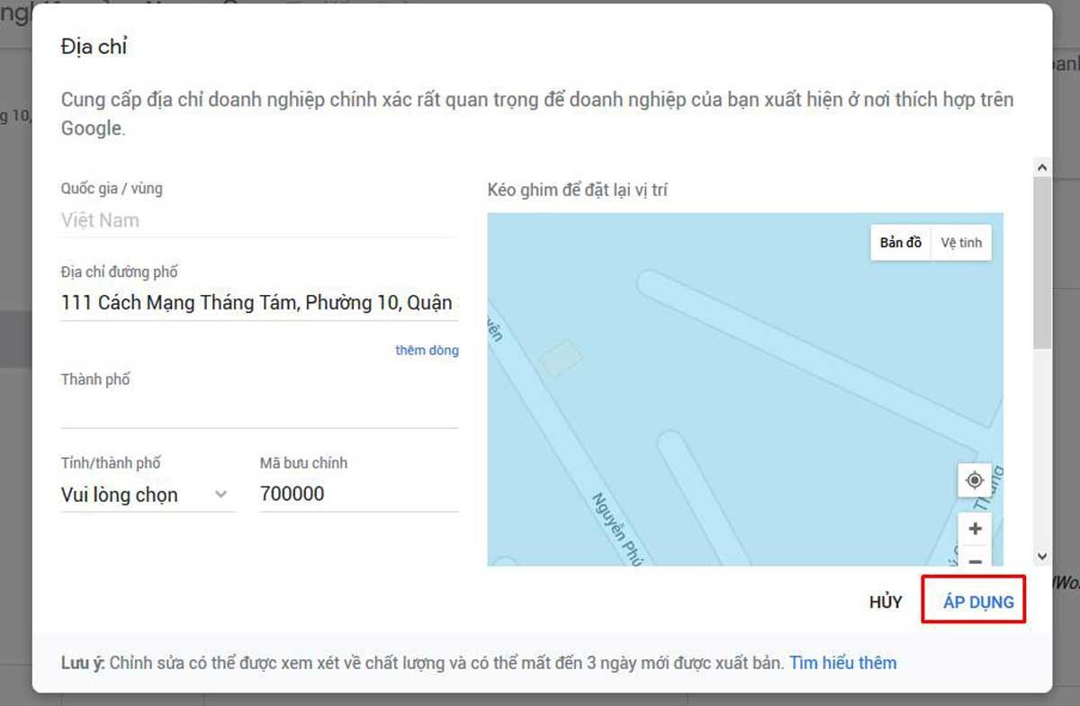 Bạn cần chọn chính xác địa chỉ của văn phòng / công ty để google chấp nhận nhé.