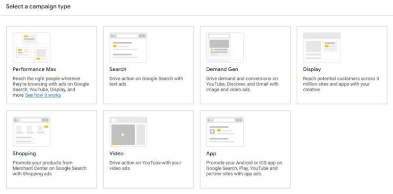 Bảng điều khiển các loại chiến dịch Google Ads