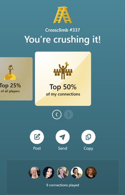 Bảng xếp hạng game trên LinkedIn cho thấy kết quả Crossclimb, so sánh điểm số với các kết nối và người chơi khác, thể hiện tính năng tương tác chuyên nghiệp.