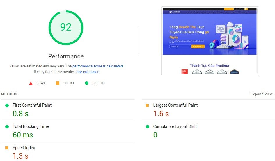 Báo cáo hiệu suất Core Web Vitals của website từ Google PSI