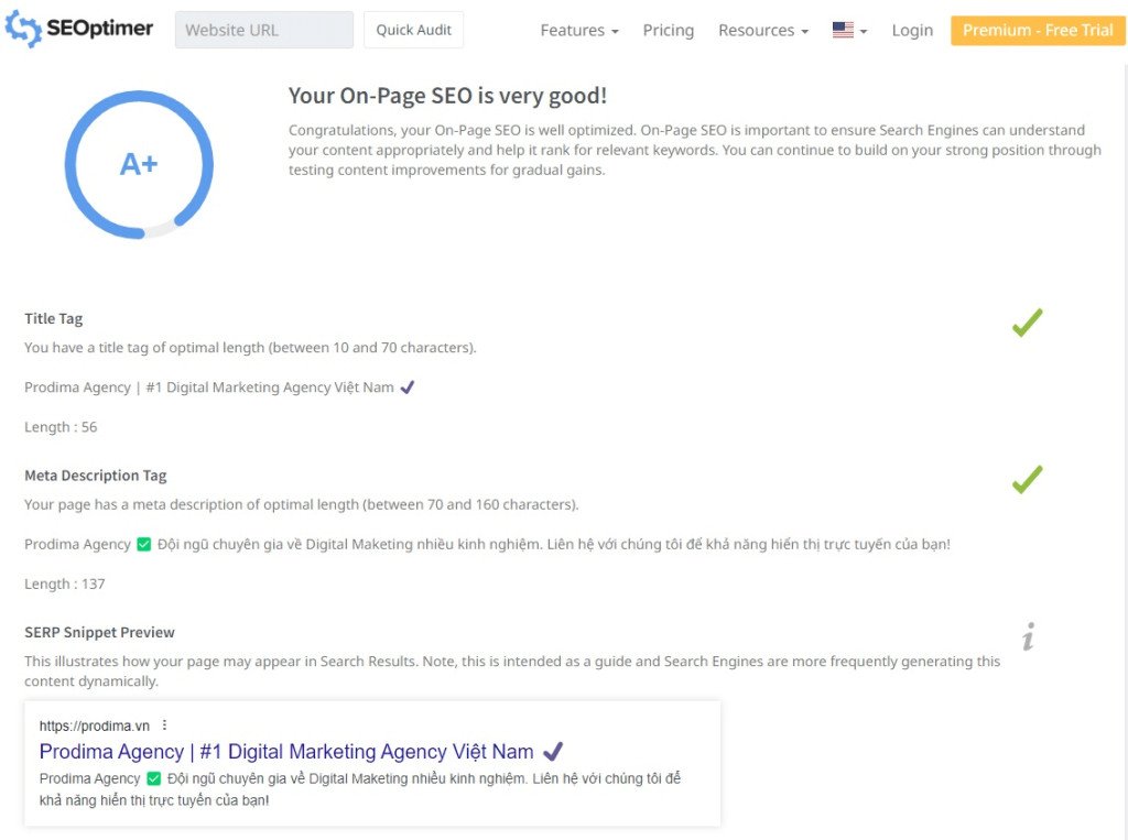 Báo cáo phân tích SEO website từ SEOptimer