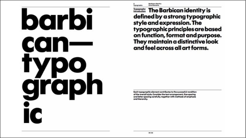 Barbican Brand Guidelines nhấn mạnh tính đơn giản và sự tinh tế trong kiểu chữ để tạo nhận diện độc đáo.