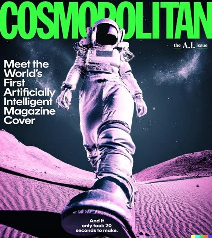 Bìa tạp chí Cosmopolitan với hình ảnh phi hành gia do AI tạo, thể hiện sự kết hợp giữa **AI** và **kể chuyện bằng hình ảnh**.