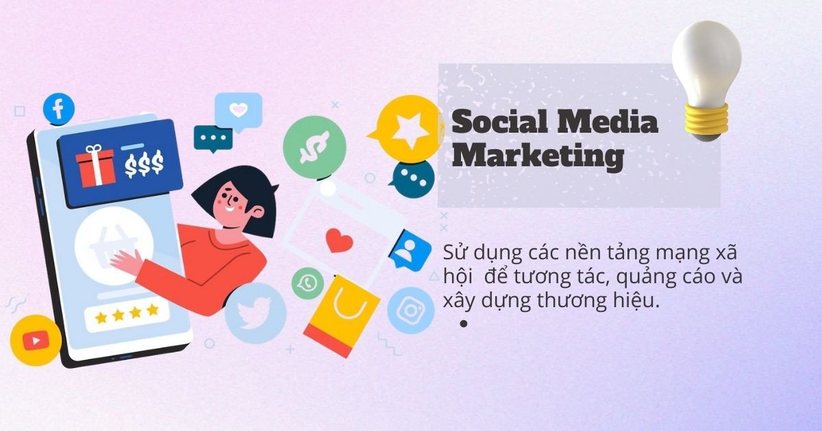 Biểu tượng các nền tảng mạng xã hội phổ biến trong Social Media Marketing, nơi doanh nghiệp xây dựng thương hiệu và tương tác với cộng đồng khách hàng.