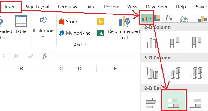 Bước tạo biểu đồ mới cho Gantt Chart trong Excel bằng tùy chọn thanh ngang.