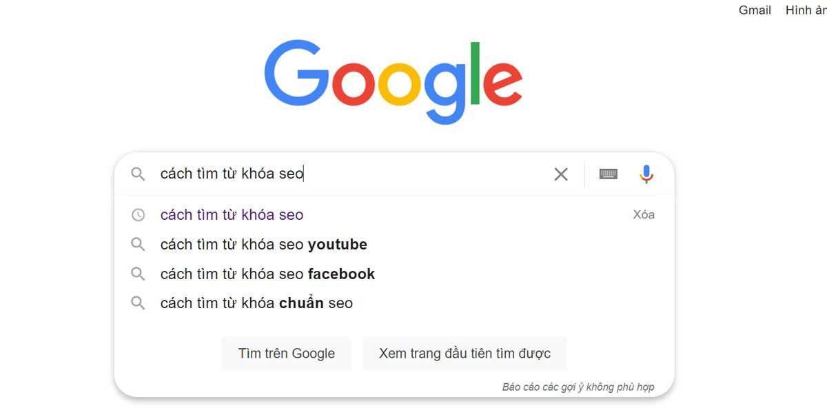 Các gợi ý từ khóa tự động hiển thị trên thanh tìm kiếm Google khi người dùng nhập cụm từ khóa "cách tìm từ khóa SEO".