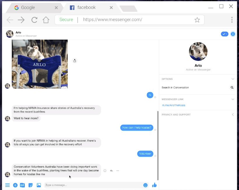 Chatbot Arlo the Koala của NRMA, một ví dụ về nội dung tương tác giúp tăng cường dịch vụ khách hàng và giữ chân khách hàng.