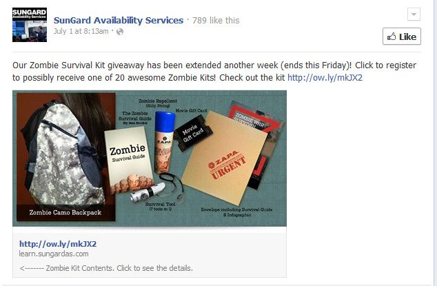 Chiến dịch truyền thông xã hội SunGard Zombie Survival Kit trên Facebook, cho thấy sự tương tác với nội dung giải trí.