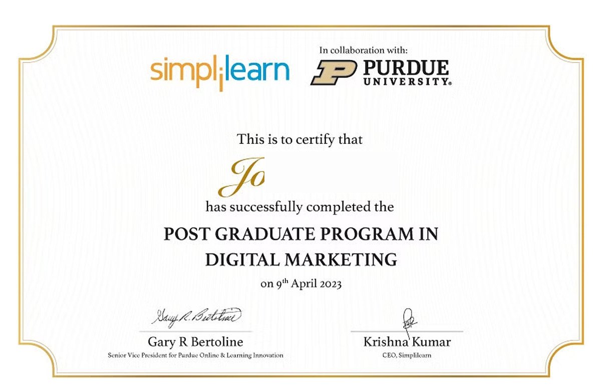 Chứng chỉ Digital Marketing Specialist SimpliLearn, được xếp hạng cao và cung cấp kiến thức thực tế