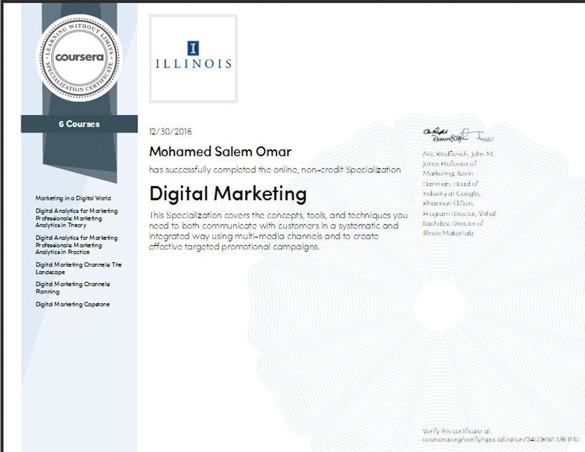Chứng chỉ Digital Marketing Specialization Coursera, khóa học lý thuyết từ Đại học Illinois