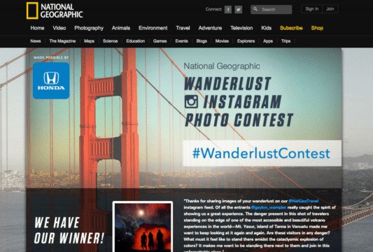 Cuộc thi ảnh #WanderlustContest của National Geographic trên Instagram khuyến khích người dùng chia sẻ ảnh du lịch, tạo ra nội dung hấp dẫn và tăng cường sự tương tác.