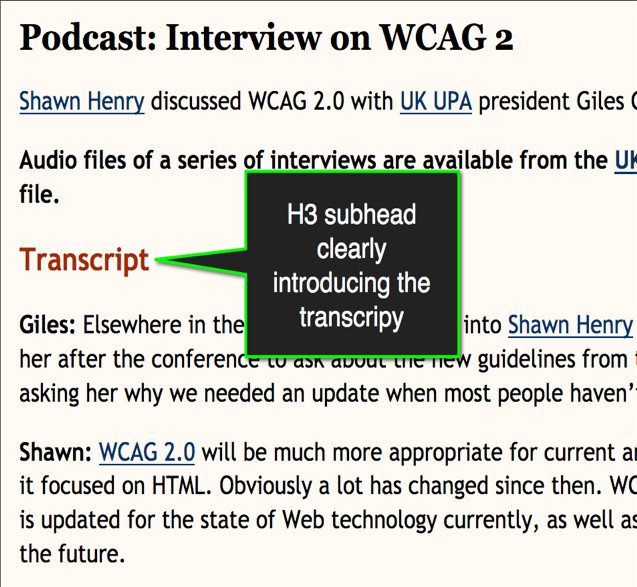 Đoạn mã HTML minh họa cách nhúng bảng ghi âm podcast kèm thẻ heading 'Transcript'