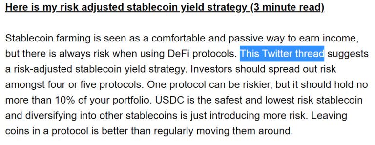 Đoạn tóm tắt chủ đề Twitter về stablecoin farming từ TLDR Crypto, ví dụ về việc đơn giản hóa nội dung tuyển chọn.