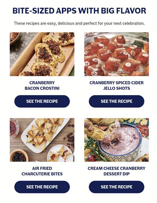Email marketing của Ocean Spray với công thức nấu ăn từ quả nam việt quất, minh họa content marketing khơi gợi cảm hứng