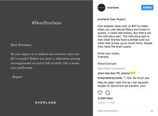Everlane thể hiện cá tính thương hiệu qua cách phản hồi bình luận tiêu cực trên Instagram.