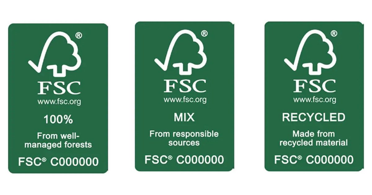 Giải thích ý nghĩa ba nhãn chứng nhận FSC phổ biến: FSC 100% (nguyên liệu từ rừng bền vững), FSC Mix (hỗn hợp), và FSC Recycled (vật liệu tái chế).
