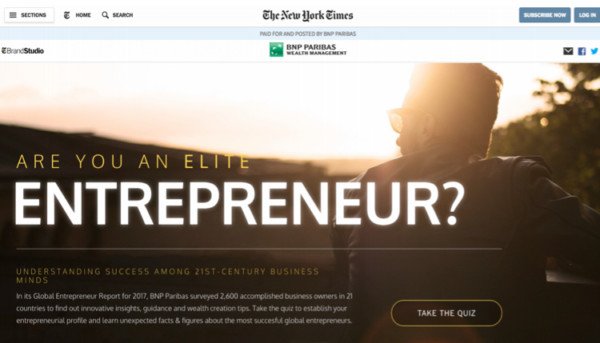 Giao diện bài kiểm tra tương tác của BNP Paribas trên New York Times.