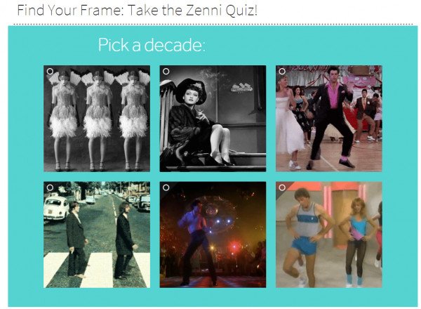 Giao diện bài trắc nghiệm "You've Been Framed" của Zenni Optical, một ví dụ thành công về công cụ thu hút khách hàng trong chiến lược marketing.