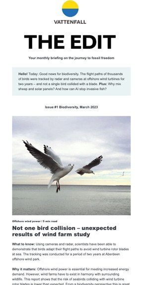 Giao diện bản tin "The Edit" của Vattenfall với tiêu đề "Your monthly briefing on the journey to fossil freedom" và hình ảnh chim bay gần tua-bin gió, minh họa thiết kế thân thiện và hấp dẫn của bản tin.