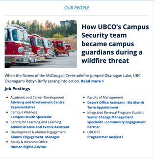 Giao diện bản tin "The Exchange" của Đại học British Columbia Okanagan, hiển thị mục "Our People" về đội ngũ an ninh, nhấn mạnh sự tập trung vào người đọc và nội dung có liên quan.
