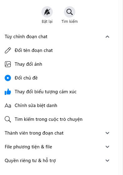 Giao diện cài đặt và quản lý nhóm chat trên ứng dụng Messenger di động, hiển thị các tùy chọn tùy chỉnh và thông tin thành viên