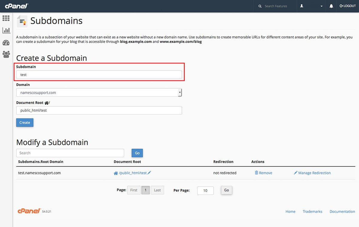 Giao diện cài đặt và tạo Subdomain trên cPanel