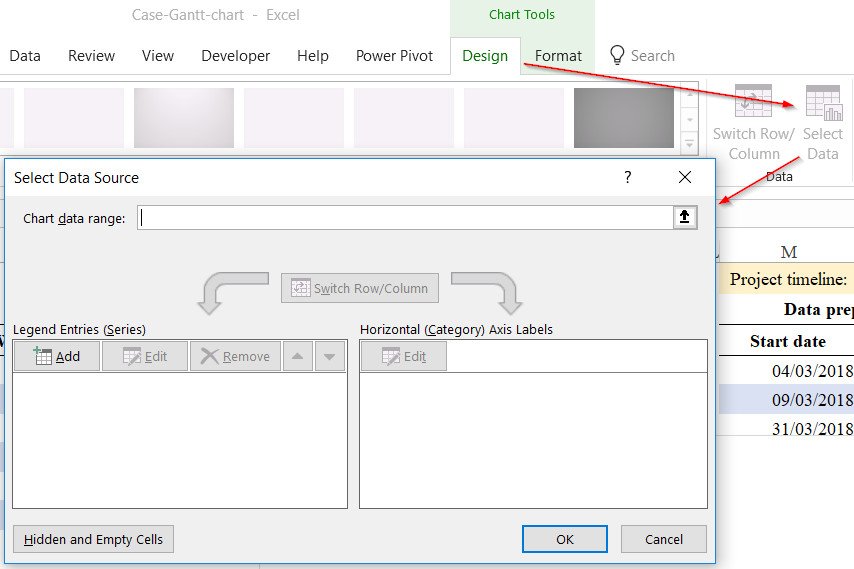 Giao diện chọn dữ liệu để nạp vào biểu đồ Gantt Chart trong Excel.