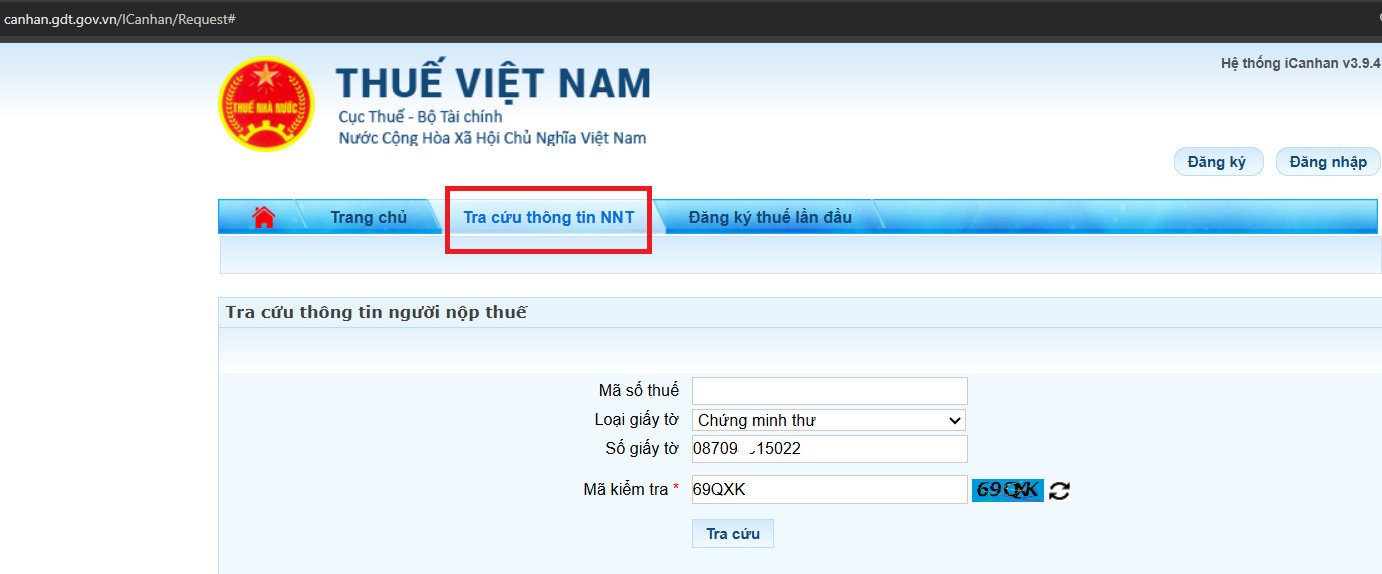 Giao diện chọn "Tra cứu thông tin NNT" trên website Thuế điện tử khi tra cứu mã số thuế cá nhân