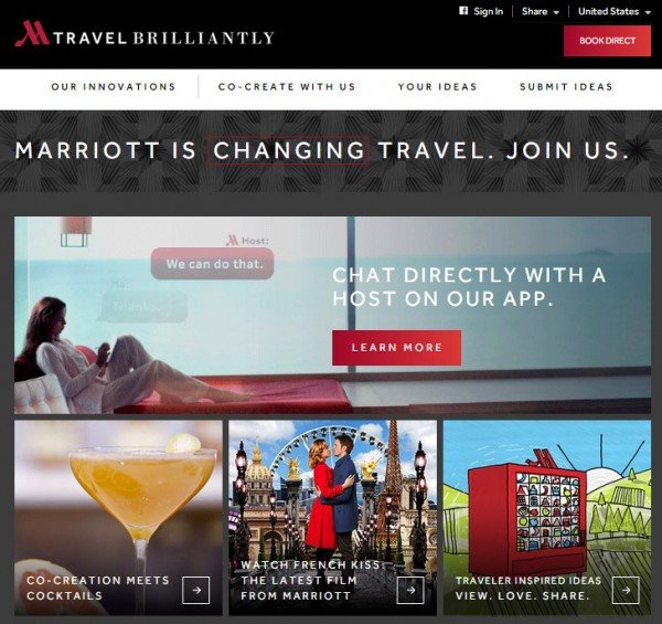 Giao diện chương trình Travel Brilliantly của Marriott thu thập ý tưởng khách hàng